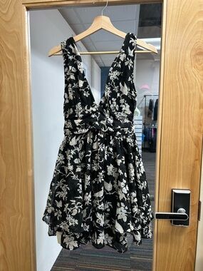Black and Cream Floral V-Neck Fit & Flare Dress